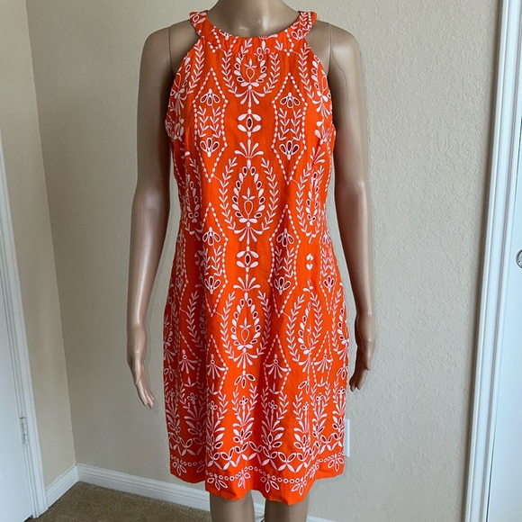 Ann Taylor Dresses & Skirts - Ann Taylor Orange and White Sheath Dress with Bishop Sleeves